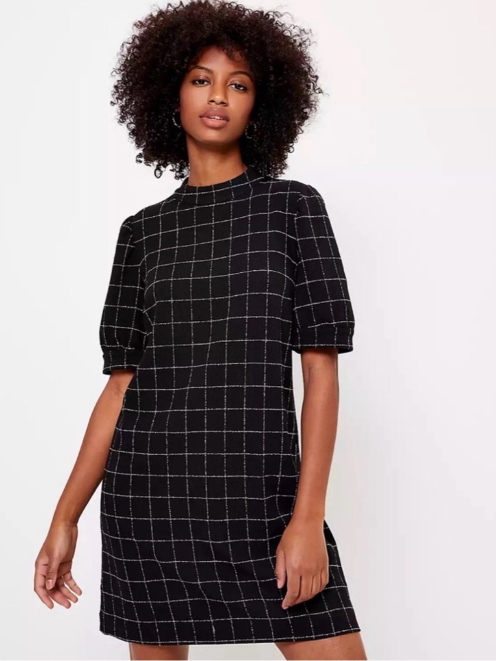 LOFT Black Windowpane Shift Dress with Short Puff Sleeves